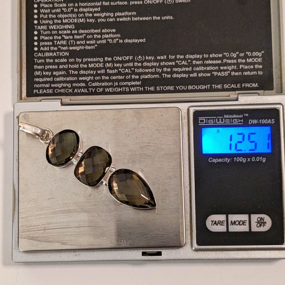 Smokey Quartz Triple-Stone Pendant – Sterling Silver 925 – 3" – 12.5g - Picture 4 of 4